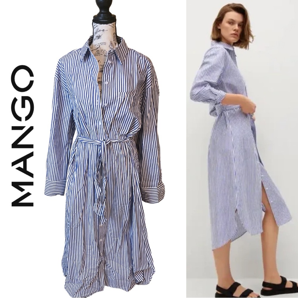 NEW WITH TAGS! Cotton Blue & White Shirt Dress w/ Removable Belt, Mango, size M
